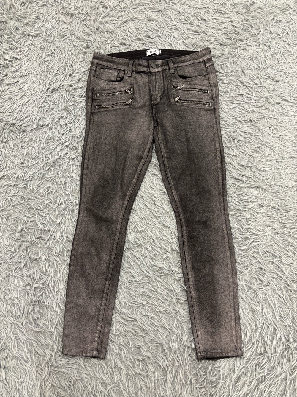 Paige Jeans Womens Size 32 Gray Edgemont Coated Moto Skinny Zip Pockets Made USA